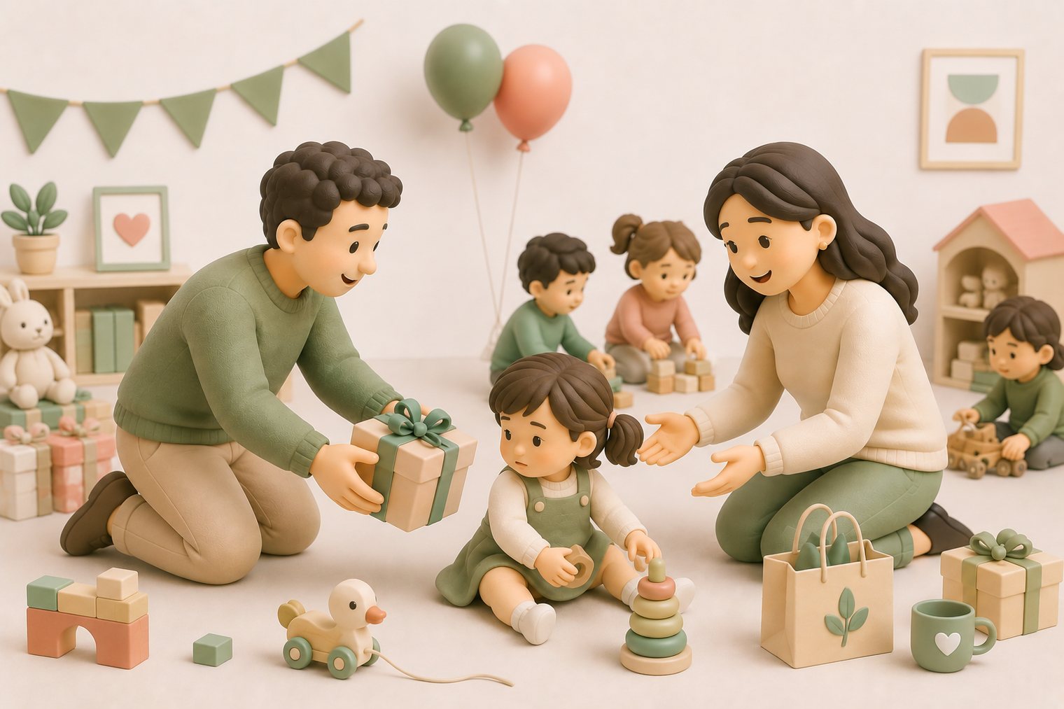 A clay scene at a child birthday party. A father in a green sweater kneels offering a wrapped gift to a small girl who is focused on stacking a wooden ring tower, while the mother kneels beside her with arms open. Two other children play with wooden blocks behind them. Pastel balloons, a paper bunting and a shelf of toys fill the background.