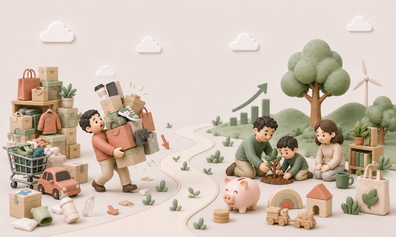A clay scene: on the left, a child opening one beautifully chosen wrapped gift; on the right, a family kneels together beside a piggy bank, a tablet showing a rising chart, and a small house, two ways the same love can land.
