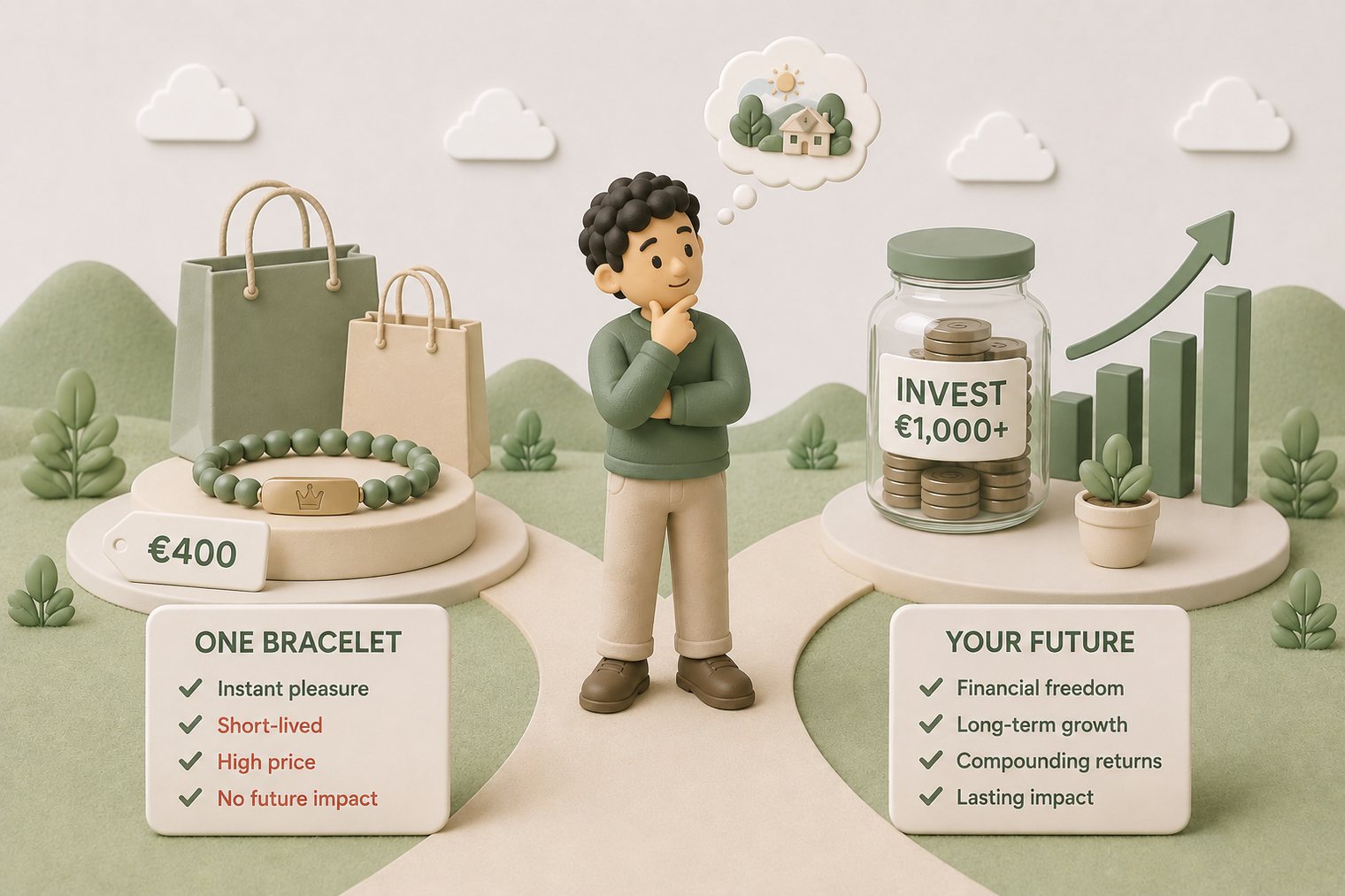 A clay scene: a wooden table with a thin gold bracelet on the left and a small jar of coins sprouting a plant on the right. Same money, two very different futures.