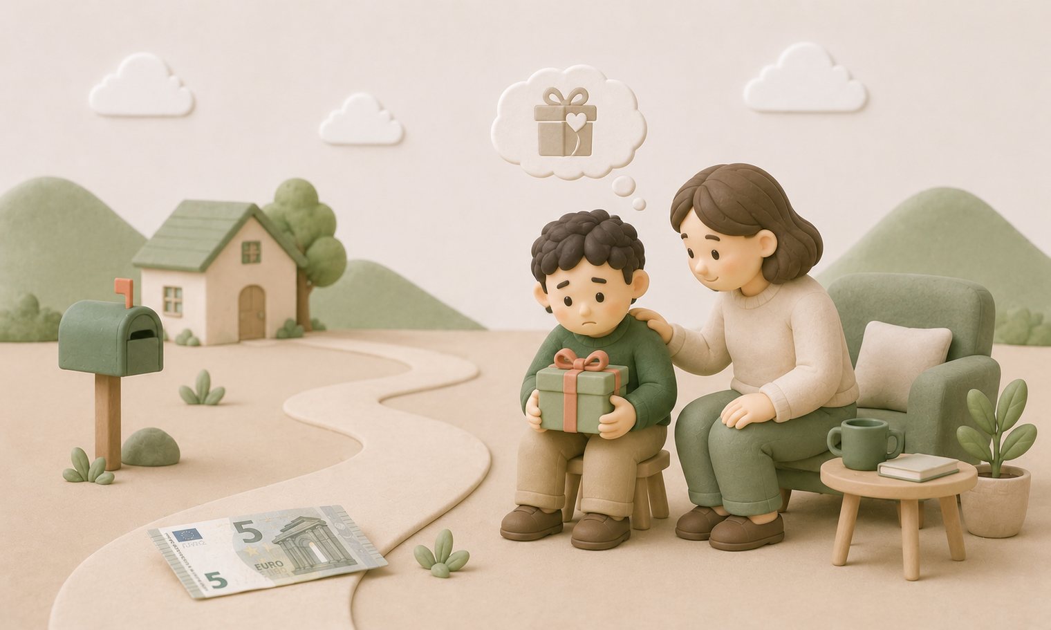 A €5 note and a €20 note side by side on a table. The small, perfect gift you wanted to give versus the larger, safer one you ended up choosing.