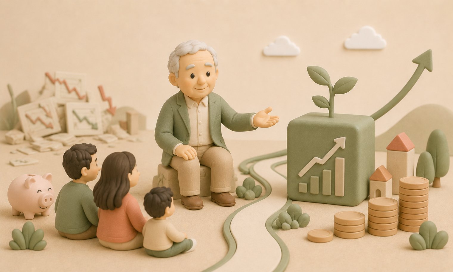 A clay scene: an elderly man at a desk writing a letter, with a small index-fund chart rising steadily in the window behind him.