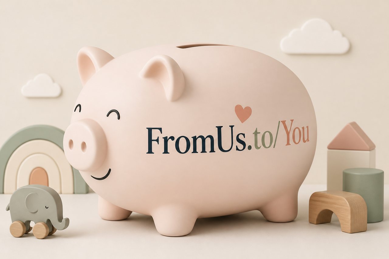 A FromUs.to piggy bank, every gift goes in, ready to grow over the next eighteen years