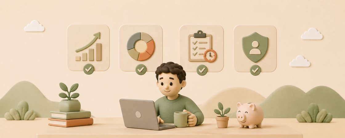 A clay-style scene. A parent sits at a laptop with a tea, plants and a piggy bank nearby. Above them, four tiles show a rising bar chart, a pie chart, a checklist with a clock, and a security shield. The quiet research moment before a good financial decision.